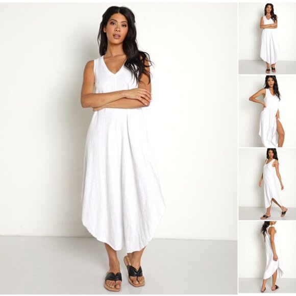 Z Supply Reverie V Neck Cotton Slub Jersey Midi Dress | White | Small - Picture 1 of 11